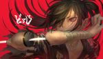  1boy amputee bandage black_hair copyright_name dororo_(tezuka) highres hyakkimaru_(dororo) japanese_clothes long_hair mameo_(kotsubuta) missing_limb ponytail prosthesis prosthetic_arm red_background red_eyes signature solo sword upper_body weapon 