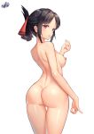  1girl absurdres ass bangs black_hair blue_sky blush breasts closed_mouth commentary_request cowboy_shot folded_ponytail from_behind hair_ribbon highres kaguya-sama_wa_kokurasetai_~tensai-tachi_no_renai_zunousen~ konishi_(565112307) looking_at_viewer looking_back medium_breasts nipples nude parted_bangs pussy red_eyes red_ribbon ribbon shinomiya_kaguya short_hair sidelocks signature simple_background sky smile solo thigh_gap uncensored white_background wide_hips 