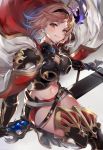  1girl armor bangs belt blonde_hair blush breastplate breasts brown_eyes cleavage cleavage_cutout cloak djeeta_(granblue_fantasy) djeeta_(granblue_fantasy)_(conqueror_of_the_eternals) earrings floating_hair gauntlets gloves glowing granblue_fantasy greatsword greaves grin groin hair_ornament head_tilt highres hinahino jewelry leg_up looking_at_viewer medium_breasts multiple_belts navel red_shorts running sapphire_(gemstone) sheath short_hair short_shorts shorts shoulder_armor smile solo stomach sword weapon white_cloak wind wind_lift 