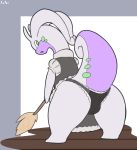  anthro camel_toe clothed clothing feather_duster female goodra ketei looking_back maid_uniform nintendo pok&eacute;mon pok&eacute;mon_(species) raised_skirt rear_view simple_background solo uniform video_games 