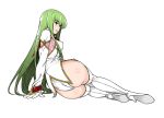  1girl arm_support ass bangs body_blush boots breasts c.c. code_geass detached_sleeves eyebrows_visible_through_hair fukudahda gloves green_hair high_heels leotard leotard_under_clothes long_hair long_sleeves looking_back medium_breasts parted_lips shiny shiny_hair sideboob simple_background solo thigh_boots thighhighs white_background white_gloves white_leotard yellow_eyes 