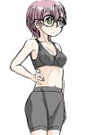  1girl bike_shorts bra breasts chrono_trigger closed_mouth commentary_request glasses green_eyes groin lucca_ashtear midriff navel purple_hair s-a-murai short_hair simple_background solo underwear white_background 