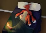  2019 animal_genitalia animal_penis bed bed_sheet bedding charmeleon claws digital_media_(artwork) erection eyes_closed fire genital_slit hi_res kibo_wolf male nintendo nude on_bed open_mouth penis pillow pok&eacute;mon pok&eacute;mon_(species) reptile scalie sleeping slit solo toe_claws tongue under_covers video_games 