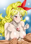  1girl after_paizuri areolae blonde_hair blush breast_squeeze breasts censored clenched_teeth closed_mouth cum cum_on_body cum_on_breasts cum_on_hair cum_on_upper_body curly_hair dragon_ball facial gradient gradient_background hair_ribbon happy highres large_breasts long_hair looking_at_another lunch_(dragon_ball) lying mosaic_censoring naughty_face nel-zel_formula nipple_tweak nipples nude paizuri penis red_eyes ribbon simple_background smile solo_focus sweat teeth upper_body 