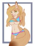  anthro areola blonde_hair breasts clothed clothing clothing_lift female fennec front_view fur green_eyes hair long_hair middle_finger panties shazzi shirt shirt_lift solo standing tan_fur tongue tongue_out underwear 