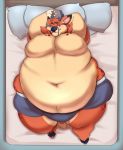  anthro antlers bed belly belly_overhang big_belly blush brown_fur bulge cervid chubby_cheeks clothed clothing earlybird fur hands_behind_head hi_res hooves horn love_handles lying male mammal moobs navel obese obese_male on_back on_bed overweight overweight_male pillow smile solo thick_thighs topless underwear wide_hips 