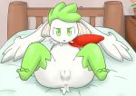  3_toes ? absurd_res anus bed confusion female flower_pot fur green_eyes green_fur hi_res legendary_pok&eacute;mon looking_at_viewer markings nintendo nude on_bed pok&eacute;mon pok&eacute;mon_(species) presenting presenting_pussy pussy shaymin shaymin_(sky_form) snout socks_(marking) solo spread_legs spreading tawa_1908 toes video_games white_fur 