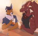  alcohol anthro beer beverage brant_albrecht canid canine canis clothed clothing collie domestic_dog dragon duo male mammal muscular muscular_male ondine rorick_kintana rough_collie scalie simple_background smile western_dragon wings 