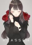  1girl bangs black_sweater brown_hair commentary earrings english_commentary eyes_closed facing_viewer flower grey_background hands_up highres jewelry klasse14 long_hair long_sleeves original parted_lips red_flower red_rose ribbed_sweater rose shii_(kairi-t-k0317) simple_background solo sweater turtleneck turtleneck_sweater upper_body watch wristwatch 