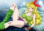  1girl bare_shoulders bed blonde_hair blush breasts cameltoe cleavage curly_hair dragon_ball erect_nipples fingerless_gloves gloves gradient gradient_background green_tank_top groin hair_ribbon large_breasts leg_up legs long_hair looking_at_viewer loose_socks lunch_(dragon_ball) lying midriff navel nel-zel_formula on_bed open_mouth panties pillow purple_panties red_eyes ribbon simple_background solo tank_top thighs underwear 