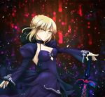  1girl artoria_pendragon_(all) black_bow blonde_hair blue_shirt blue_skirt blue_sleeves bow braided_bun breasts chi_wa choker cleavage dark_excalibur fate/stay_night fate_(series) formal hair_between_eyes hair_bow hand_on_hilt long_sleeves looking_at_viewer medium_breasts print_sleeves saber_alter shirt short_hair shrug_(clothing) sideboob skirt skirt_suit sleeveless sleeveless_shirt solo standing suit yellow_eyes 