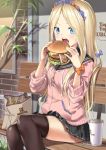  1girl abigail_williams_(fate/grand_order) bag bangs bench black_sailor_collar black_skirt blonde_hair blue_eyes blush bow brown_legwear commentary_request cup disposable_cup dress drinking_straw eyebrows_visible_through_hair fast_food fate/grand_order fate_(series) food forehead french_fries hair_bow hamburger holding holding_food long_hair looking_at_viewer on_bench open_mouth orange_bow outdoors paper_bag park_bench parted_bangs pink_cardigan pleated_skirt purple_bow sailor_collar school_uniform serafuku signature sitting skirt solo thighhighs tyone very_long_hair 