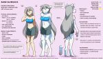  2019 anthro bare_shoulders barefoot breasts canid canine canis chest_tuft cleavage clothed clothing digitigrade english_text female front_view fur grey_hair hair hi_res human keidran long_hair mammal midriff model_sheet navel pawpads pink_background pink_pawpads raine_silverlock rear_view shorts simple_background smile solo text tom_fischbach tongue tongue_out tuft twokinds webcomic white_fur wolf yellow_eyes 