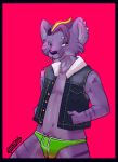  2019 anthro bastriw_(artist) candy canid canine clothing digital_media_(artwork) food hi_res horn jacket lollipop male mammal orion piercing simple_background smile solo underwear 