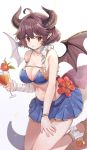  1girl ahoge bandage bandaged_arm bandages bare_arms bare_shoulders blue_bikini_top blue_skirt breasts brown_hair choker cleavage cocktail_glass collarbone cup dragon_girl dragon_horns dragon_tail dragon_wings drinking_glass drinking_straw flower grea_(shingeki_no_bahamut) groin hibiscus highres holding holding_cup horns large_breasts leg_up mid_(gameshe) miniskirt navel parted_lips pleated_skirt pointy_ears red_eyes red_flower ribbon ribbon_choker sandals shingeki_no_bahamut short_hair sidelocks skirt solo stomach tail thighs tropical_drink white_background white_ribbon wings 