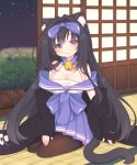  :d animal_ear_fluff animal_ears arashio_(azur_lane) azur_lane bangs bare_shoulders bell bell_collar black_hair black_jacket blush bow breasts brown_legwear cat_ears cat_girl cat_tail cleavage collar collarbone commentary_request eyebrows_visible_through_hair hair_between_eyes hair_bow hair_intakes head_tilt indoors jacket jingle_bell lap_pillow_invitation long_hair long_sleeves medium_breasts night night_sky off_shoulder open_clothes open_jacket open_mouth pantyhose pleated_skirt purple_bow purple_eyes purple_sailor_collar purple_skirt sailor_collar sakurato_ototo_shizuku seiza sitting skirt sky sleeves_past_wrists smile solo star_(sky) starry_sky tail very_long_hair 