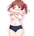  1girl areolae arms_up blue_buruma blush bra bra_lift breasts brown_eyes brown_hair buruma commentary_request crossed_arms gym_uniform idolmaster idolmaster_cinderella_girls lifted_by_self long_hair medium_breasts mikan-ya navel nipples ogata_chieri one_breast_out one_eye_closed open_mouth ribbon shirt shirt_lift solo sports_bra thigh_gap twintails underwear undressing white_bra white_shirt 