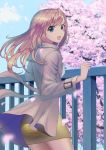  1girl :d blonde_hair blue_eyes blue_sky blurry_foreground cherry_blossoms coat cowboy_shot day eyebrows_visible_through_hair floating_hair grey_coat long_hair long_sleeves looking_at_viewer miniskirt open_clothes open_coat open_mouth original outdoors pencil_skirt petals shiny shiny_hair shirt skirt sky smile solo standing sterilizedgauze-qhx white_shirt yellow_skirt 