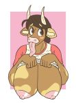  2018 anthro big_breasts blush bovid bovine breasts brown_eyes brown_fur brown_hair cattle clothed clothing clothing_lift digital_media_(artwork) exposed female fur greek_mythology hair hi_res horn huge_breasts long_tongue mammal minotaur molly_(slightlysimian) mythology nipples shirt shirt_lift simple_background slightlysimian solo tongue tongue_out 