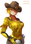  1girl amputee blonde_hair breasts cowboy_hat gloves hand_on_belt hat highres large_breasts prosthesis prosthetic_arm rwby short_hair smile violet_eyes yang_xiao_long 
