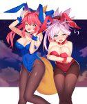  2girls animal_ear_fluff animal_ears asymmetrical_hair bare_shoulders black_leotard blue_eyes blush breast_hold breasts bunny_ears bunny_girl bunnysuit cleavage collarbone covered_navel extra_ears eyebrows_visible_through_hair fake_animal_ears fang fate/extra fate/grand_order fate_(series) fox_ears fox_girl fox_tail hair_ornament highres large_breasts leotard looking_at_viewer miyamoto_musashi_(fate/grand_order) multiple_girls night night_sky one_eye_closed open_mouth outdoors pantyhose paws pink_hair ponytail sky star star_(sky) starry_sky strapless strapless_leotard tail tamamo_(fate)_(all) tamamo_no_mae_(fate) wrist_cuffs yellow_eyes yuruto 