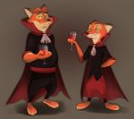  2019 anthro black_nose canid canine cape clothed clothing disney fangs fox fur gideon_grey mammal nick_wilde red_eyes red_fox rin_tyan simple_background vampire wine_glass zootopia 