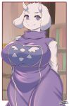  1girl arms_behind_back blue_eyes bookshelf breasts furry highres horns indoors large_breasts looking_at_viewer mofumofumachine plump smile solo toriel undertale wide_hips 