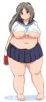  10s 1girl 2017 areolae belly bottle breasts breasts_outside brown_eyes brown_hair coke drink fat full_body large_breasts long_hair looking_at_viewer mikomu nipples original plump school_uniform simple_background soda_bottle solo standing thick_thighs thighs white_background 