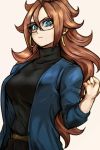  1girl alternate_costume android_21 belt black-framed_eyewear black_pants blue_eyes blue_jacket brown_hair clenched_hand curly_hair dragon_ball dragon_ball_fighterz earrings hoop_earrings jacket jewelry long_hair looking_at_viewer messy_hair pants solo st62svnexilf2p9 sweater turtleneck turtleneck_sweater white_background 