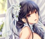  1girl areolae bare_shoulders black_hair blurry blurry_background breasts bridal_veil brown_eyes character_request commentary_request copyright_request curtains dress earrings elbow_gloves flower gloves hair_flower hair_ornament head_tilt jewelry large_breasts long_hair looking_at_viewer moneti_(daifuku) open_mouth pink_lips portrait sidelocks smile solo veil white_dress white_flower white_gloves 
