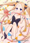  1girl :p abigail_williams_(fate/grand_order) alternate_costume ass bangs bare_shoulders black_bow blonde_hair blue_eyes blush bow bowtie breasts cameltoe closed_mouth collarbone commentary_request confetti crossed_bandaids eyebrows_visible_through_hair fate/grand_order fate_(series) flag forehead from_above full_body hair_between_eyes hair_ornament highleg highleg_leotard highres hoop hula_hoop ko_yu legs_up leotard long_hair looking_at_viewer lying on_back open_mouth orange_bow parted_bangs polka_dot polka_dot_bow small_breasts solo stuffed_animal stuffed_toy teddy_bear tentacle tongue tongue_out twintails twitter_username very_long_hair 