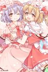  2girls :d ;) artist_name ascot bangs bat_wings black_legwear blonde_hair blue_hair blush bow branch cherry_blossoms commentary_request cowboy_shot crystal dress eyebrows_visible_through_hair fang flandre_scarlet frilled_shirt_collar frills from_behind hair_between_eyes hand_holding haruki_(colorful_macaron) hat hat_ribbon head_tilt highres interlocked_fingers looking_at_viewer looking_back mob_cap multiple_girls one_eye_closed open_mouth petals petticoat pink_dress pink_headwear puffy_short_sleeves puffy_sleeves red_bow red_eyes red_neckwear red_ribbon red_sash red_skirt red_vest remilia_scarlet ribbon sash shirt short_hair short_sleeves siblings sisters skirt skirt_set smile sparkle thighhighs touhou twitter_username vest white_background white_bow white_headwear white_shirt wings wrist_cuffs 