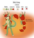  2019 anthro antlers breasts casual_nudity claws digital_media_(artwork) dragon eastern_dragon fan_character female green_scales hair hi_res horn kendratheshinyeevee long_hair mei_ling_(kendratheshinyeevee) model_sheet nipples nude pussy red_eyes red_hair reptile scales scalie simple_background solo standing text whiskers yellow_scales 