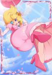 1girl 2019 ass blonde_hair blue_earrings blue_eyes blue_sky breasts commentary crown day dress elbow_gloves floating floating_hair from_below gloves highres lace lace-trimmed_dress lips lipstick long_dress long_hair looking_down makeup mario_(series) merunyaa mini_crown nintendo petals pink_dress pink_footwear pink_gloves princess_peach puckered_lips puffy_short_sleeves puffy_sleeves pumps short_sleeves signature sky solo super_mario_bros. super_smash_bros. umbrella upskirt 