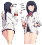  10s 1girl bangs black_hair blazer blue_eyes blush cardigan cellphone closed_mouth commentary_request double_v hard_translated heart holding holding_cellphone holding_phone jacket legs long_hair long_sleeves looking_at_viewer panties phone pleated_skirt pop_kyun school_uniform scrunchie shirt skirt smartphone solo ssss.gridman standing takarada_rikka thighs translated underwear v wrist_scrunchie 