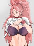  1girl absurdres alternate_costume amputee baiken big_hair blush bra breasts buruma closed_mouth commentary_request facial_tattoo guilty_gear guilty_gear_xrd gym_uniform highres horoko japanese_clothes kataginu large_breasts long_hair looking_to_the_side midriff navel one-eyed pink_eyes pink_hair purple_bra scar scar_across_eye shirt_lift tattoo underwear very_long_hair 