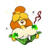  animal_crossing big_breasts blush breasts button_(fastener) button_pop canid canine clothing convenient_censorship domestic_dog flashing_breasts happy isabelle_(animal_crossing) leaf mammal nintendo presenting presenting_breasts savourysausages sketch solo undressing video_games 