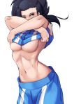  1girl asymmetrical_hair black_hair boku_no_hero_academia breasts brown_eyes highres large_breasts looking_to_the_side midriff navel nico-mo ponytail shirt_lift short_sleeves simple_background solo sportswear underboob undressing white_background yaoyorozu_momo 