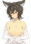  1girl 3: animal_ears areolae bangs black_hair blush breasts closed_mouth collarbone earrings elbow_gloves erune eyebrows_visible_through_hair frown gloves granblue_fantasy hair_between_eyes ilsa_(granblue_fantasy) ishinoyari jewelry large_areolae looking_away looking_down medium_breasts nipples red_eyes simple_background solo topless upper_body white_background white_gloves 