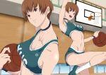  1girl armpits basketball basketball_hoop brown_eyes brown_hair collarbone gym highres kamishakujii_(poppenheim) multiple_views navel persona persona_4 satonaka_chie shoes short_hair shorts socks sweat tank_top 