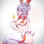  1girl animal_ears artist_name bandaid bandaid_on_nose banned_artist bikini breasts bunny_ears bunny_tail creatures_(company) fingerless_gloves fire flame game_freak gen_8_pokemon gloves grey_background hair_ornament hairclip headphones headphones_around_neck highres legs_crossed looking_at_viewer medium_breasts nail_polish nintendo orange_bikini orange_eyes paul_kwon personification pokemon pokemon_(game) pokemon_swsh red_nails scorbunny short_hair short_ponytail silver_hair simple_background sitting smile solo striped striped_bikini swimsuit tail thighhighs 