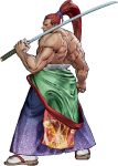  1boy 3d absurdres from_side full_body hakama_pants highres holding holding_sword holding_weapon japanese_clothes katana kibagami_genjuro long_hair looking_back muscle official_art ponytail red_hair samurai_spirits sandals scar shirtless solo sword transparent_background weapon 
