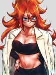  1girl android_21 bandeau bare_shoulders black-framed_eyewear black_nails black_pants blue_eyes breasts brown_hair cleavage closed_mouth collarbone commentary_request curly_hair detached_sleeves dragon_ball dragon_ball_fighterz earrings expressionless glasses grey_background hand_on_hip hoop_earrings jacket_on_shoulders jewelry labcoat long_hair looking_at_viewer medium_breasts nail_polish navel pants solo st62svnexilf2p9 very_long_hair white_coat 