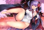  bare_shoulders barefoot bat_wings bb_(fate)_(all) bb_(swimsuit_mooncancer)_(fate) black_coat breasts coat fate/grand_order fate_(series) feet gloves hair_ribbon hip_focus ishigami_kazui knee_up large_breasts legs leotard long_hair neck_ribbon open_clothes open_coat popped_collar purple_eyes purple_hair red_ribbon ribbon smile thighs tongue tongue_out vampire_costume very_long_hair white_gloves white_leotard wide_sleeves wings 