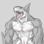  2018 abs animal_genitalia anthro baluinu blush cloaca fish looking_at_viewer male marine muscular muscular_male naughty_face nipples open_mouth open_smile pecs shark smile solo tongue 