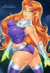  1girl ange1witch ass bare_shoulders boots breasts dc_comics green_eyes huge_ass large_breasts long_hair looking_at_viewer orange_hair parted_lips shiny shiny_clothes shiny_hair shiny_skin short_shorts shorts smile solo starfire thigh_boots thighhighs very_long_hair 