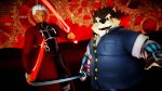  16:9 3d_(artwork) anthro archer_emiya belly blade canid canine canis digital_media_(artwork) domestic_dog fate_(series) male malicekira mammal melee_weapon moritaka overweight scar smile sword tokyo_afterschool_summoners video_games weapon 