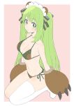  1girl absurdres animal_ears animare armpits bangs bear_ears bikini black_bikini blush breasts collarbone donguri_suzume eyebrows from_above gloves green_eyes green_hair groin hair_ribbon headdress highres hinokuma_ran large_breasts long_hair looking_at_viewer midriff navel parted_lips paw_gloves paws pink_background ribbon ribs seiza side-tie_bikini simple_background single_thighhigh sitting solo swimsuit thighhighs thighs twintails very_long_hair virtual_youtuber 