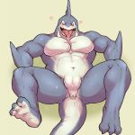  &lt;3 &lt;3_eyes 2018 3_toes animal_genitalia anthro anus baluinu blush claws cloaca drooling fin fin_piercing fish furgonomics furry-specific_piercing invalid_tag lying male marine muscular muscular_male navel on_back open_mouth open_smile pecs piercing presenting saliva shark smile solo sweat tears toe_claws toes tongue 