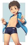  1boy :d absurdres beater blush brown_hair collarbone hands_up highres hood hoodie looking_at_viewer male_focus male_swimwear navel nipples open_clothes open_mouth orange_eyes original outside_border shiny shiny_clothes smile solo spiked_hair standing swim_briefs swimwear unzipped w 